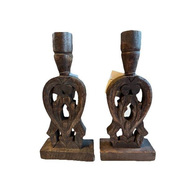 Creative Co-Op Hand-Carved Mango Wood Taper Holders, Walnut Finish, Set of 2 New - Picture 4 of 7